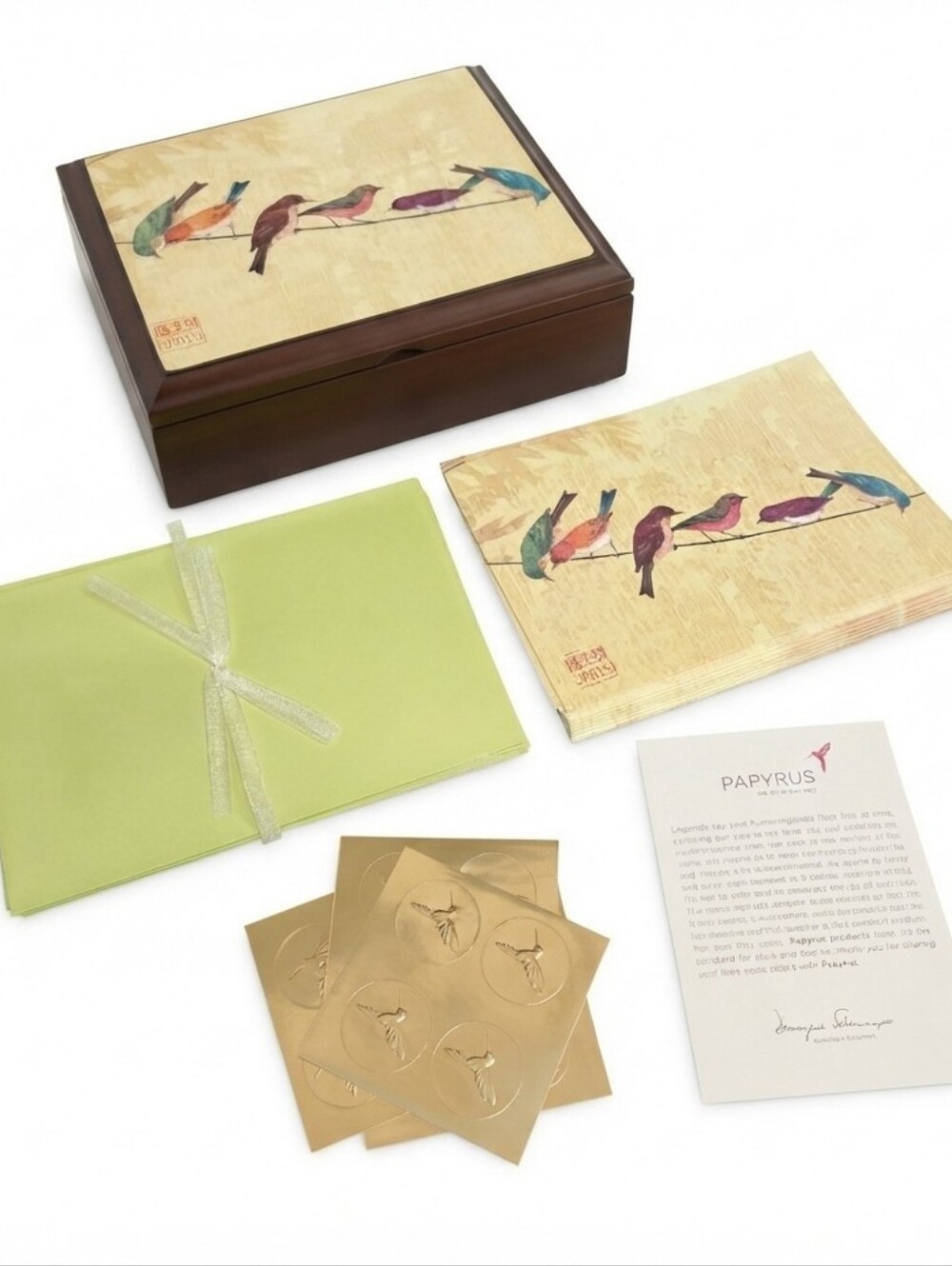 New Papyrus Bird Stationery Set 15 Blank Cards Envelopes Gold Seals Wooden Keeps